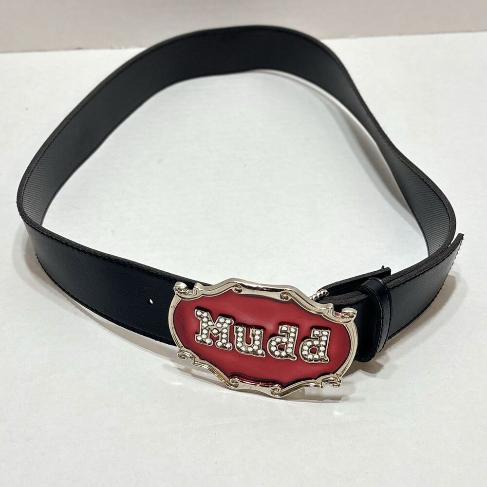Vtg MUDD Rhinestone Spellout Belt Black Leather Red Enamel Big Statement Buckle - Picture 2 of 5